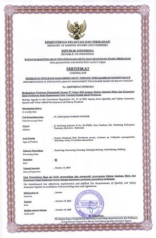 Certificate HACCP F. Demersal, Pelagis, Cephalopods Grade B