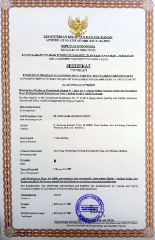 Certificate HACCP F. Shrimp, Sea Urchin Roe, Farm Raised Fish Greade B